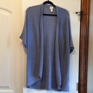 Blue with silver metallic Chico’s 3 cardigan
